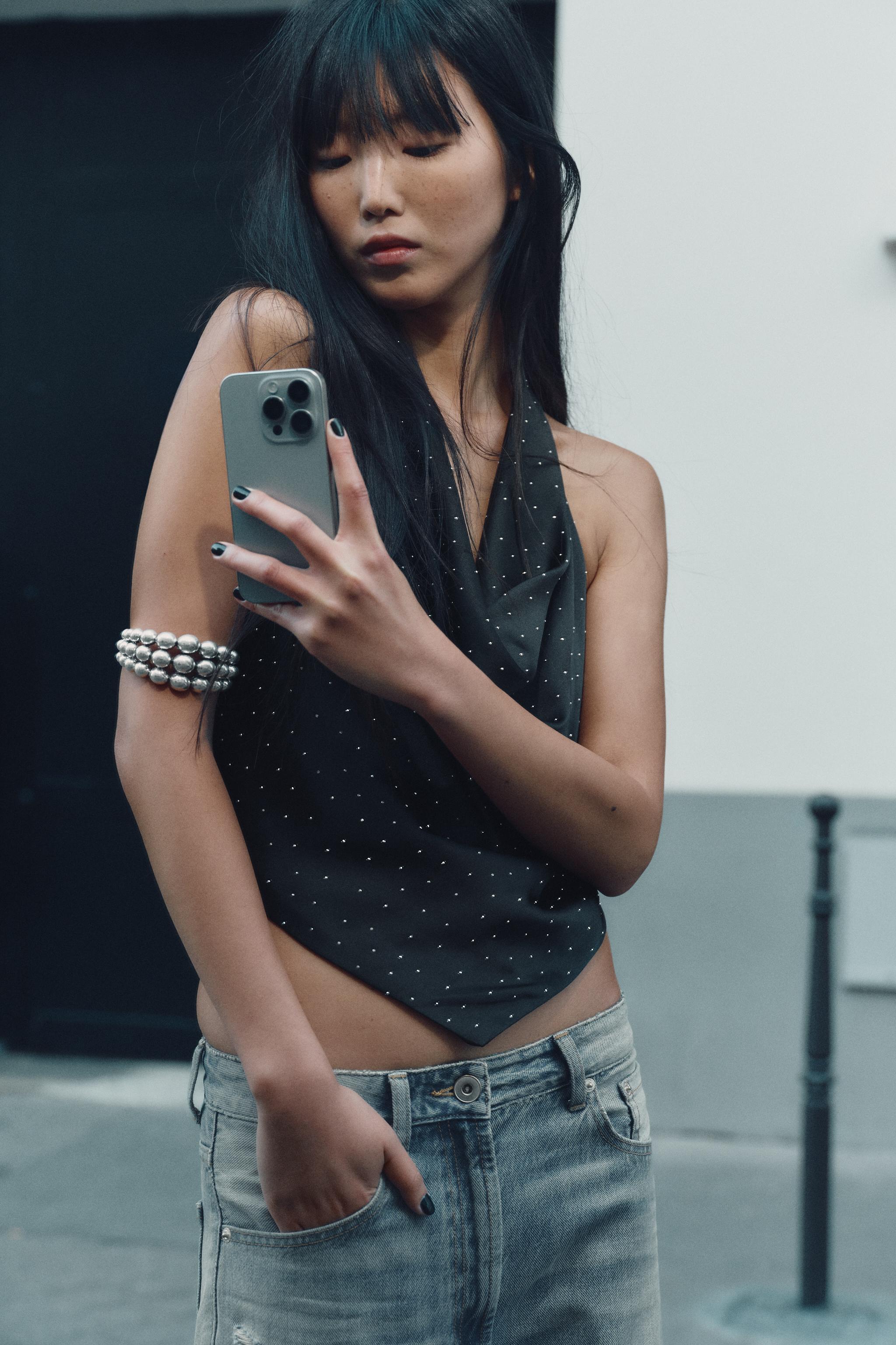 RHINESTONE SATIN EFFECT HALTER TOP